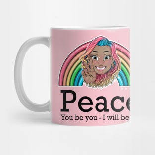 rainbow Reva Prisma peace sign emoji (black text) Mug